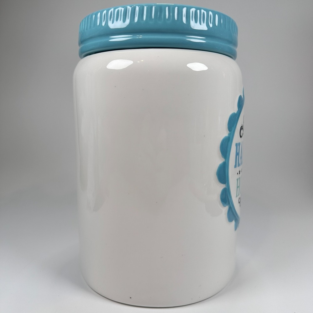 Cracker Barrel Cookie Jar 'Happiness is Homemade' Teal & White 8.5 x5.5" Baking - Picture 16 of 16